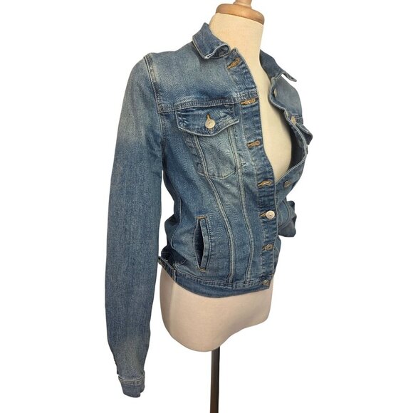 Justusa Denim Stretch Jean Jacket Women Sz S Buttons Distress Pockets Adjust Hem - Picture 7 of 10